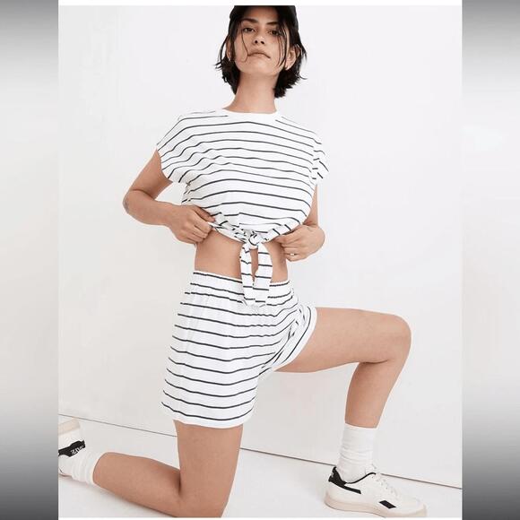 Madewell MWL Women’s Large Pull-On Cotton Shorts Black White Striped Lounge EUC - Picture 1 of 8